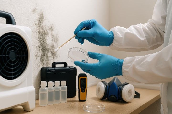 Person in protective suit samples mold on wall with petri dish.
