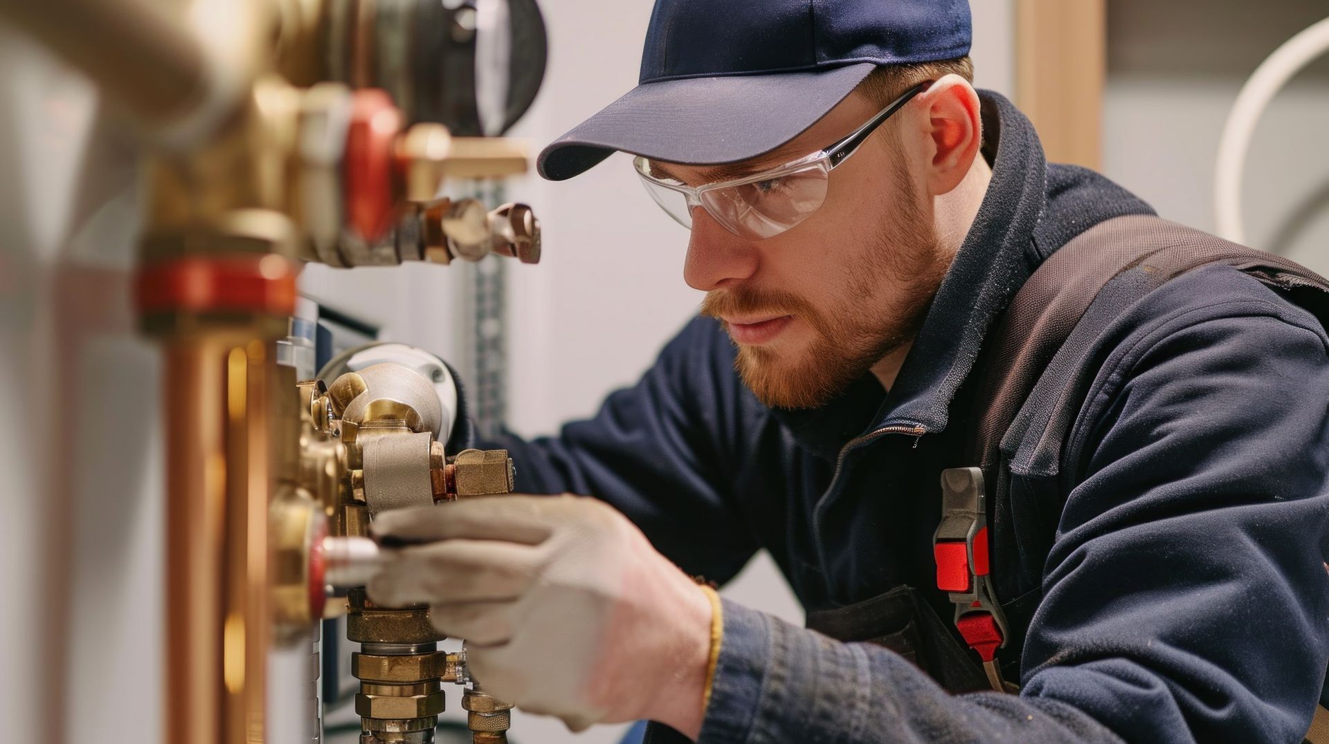 Close view of a worker with protective gear in his hands and eyes working on an industrial boiler.