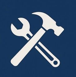 Wrench and hammer crossed, white on a dark blue background; tools icon.