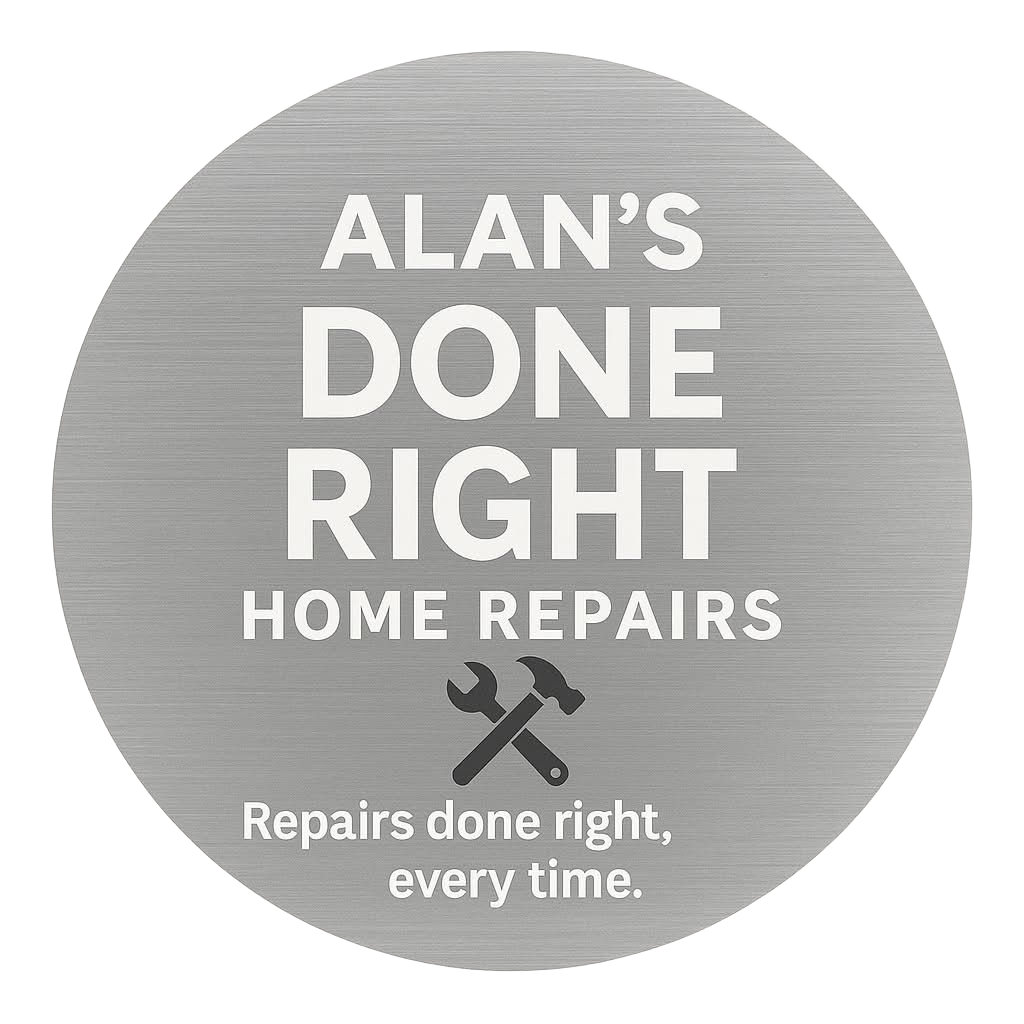 Alan's Done Right Home Repairs logo: silver circle with white text, crossed wrench and hammer, and tagline.