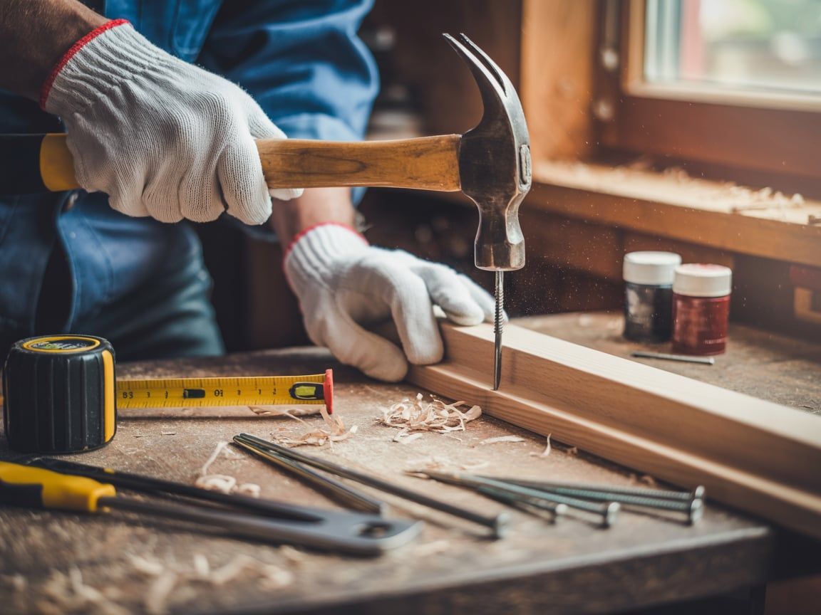 Person wearing gloves hammers nail into wood on a workbench.