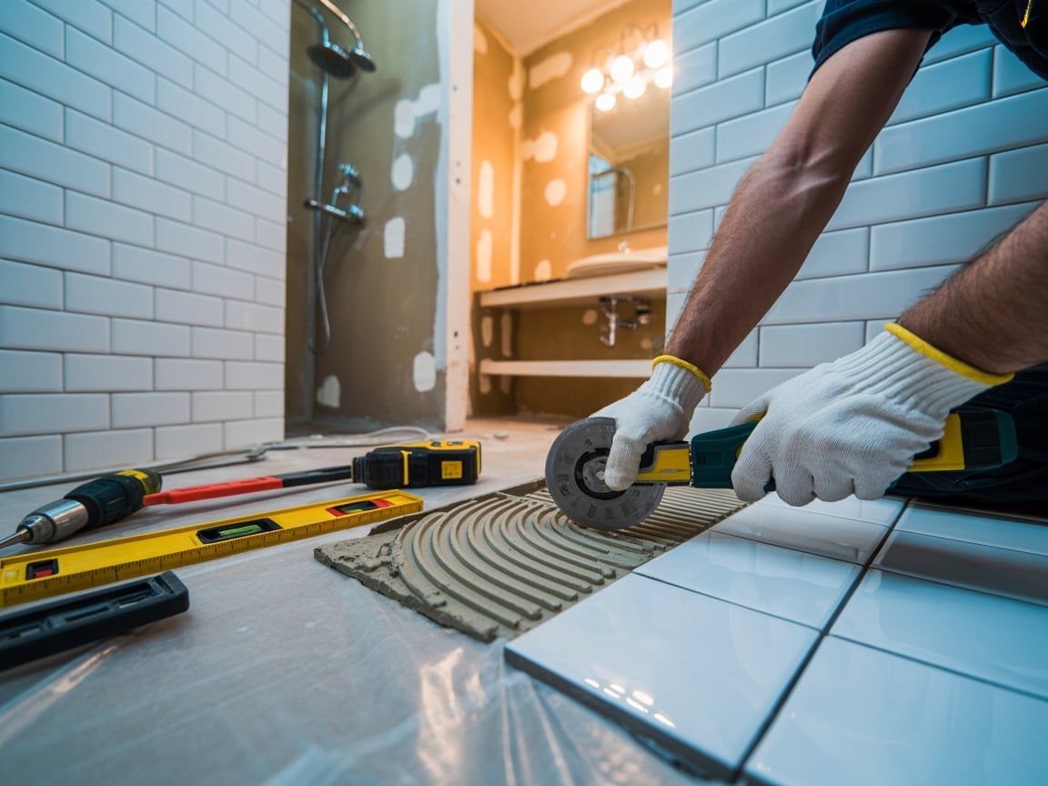 Person tiling a bathroom floor with tools visible.