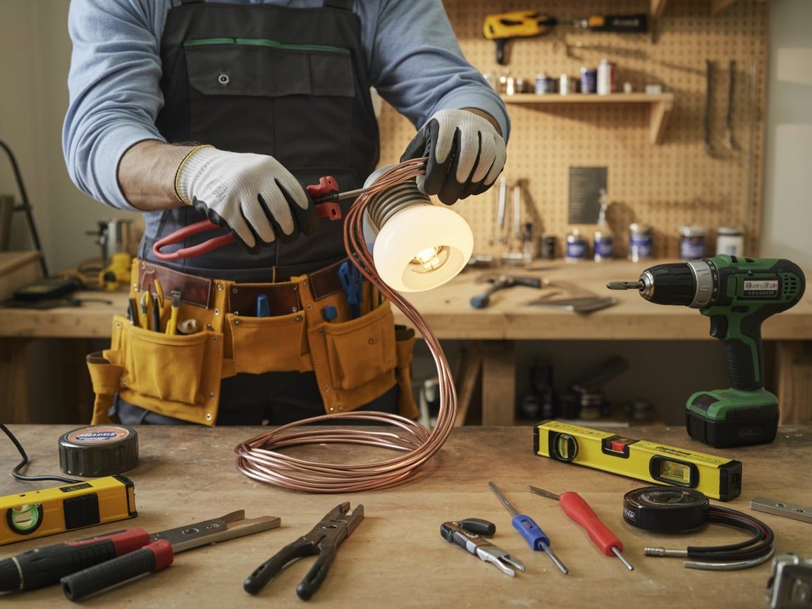 Man constructing a lamp with tools at a workbench. Copper wire and lightbulb are visible.