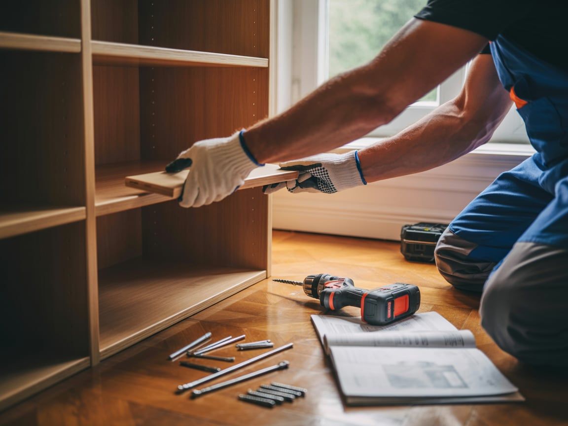 Person assembling a wooden bookshelf, using a drill, instructions, and gloves on the floor.