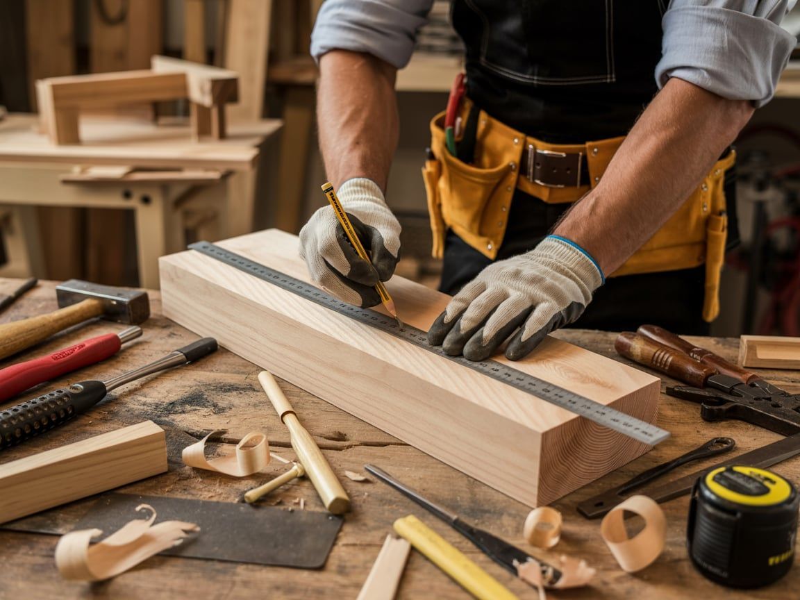 Carpenter using a ruler and pencil to mark a wooden plank on a workbench; various tools visible.