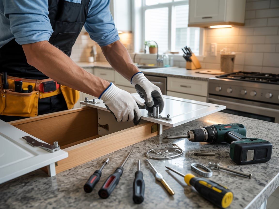 Person installing cabinet door in a kitchen, using tools.