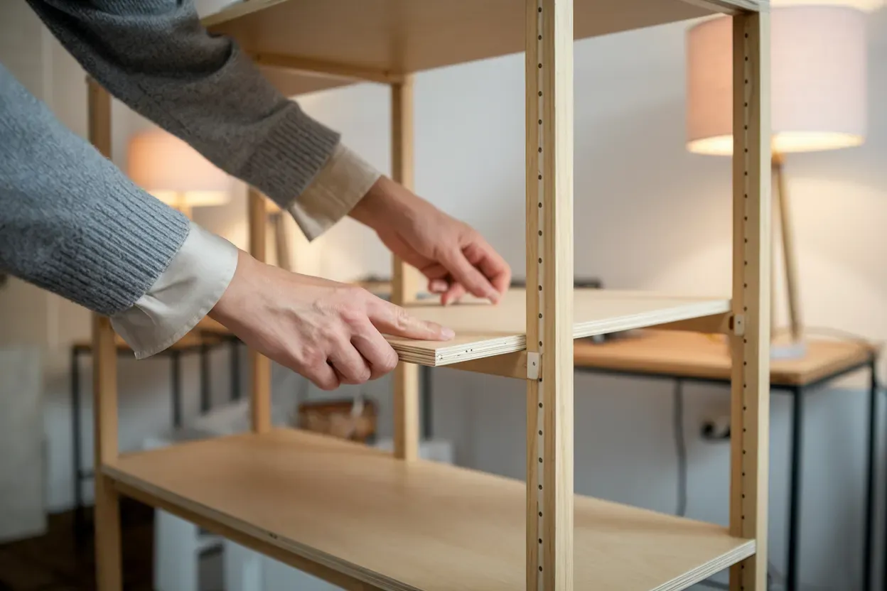 A person is putting something on a wooden shelf.