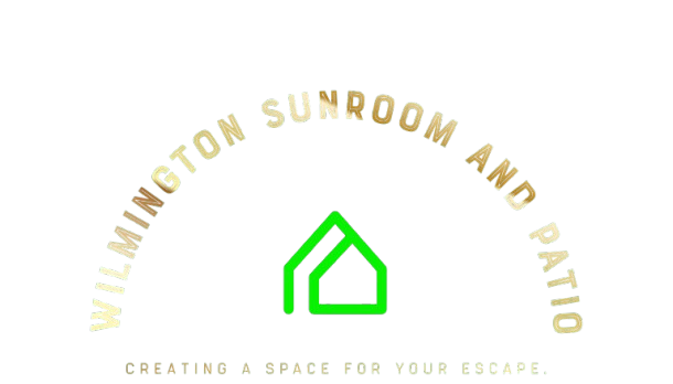 A logo for wilmington sunroom and patio with a green house in the middle.