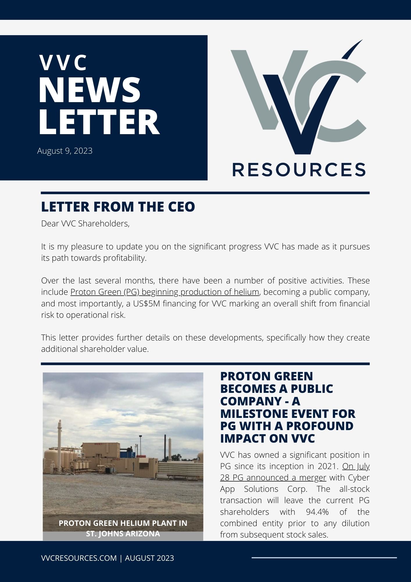 It is a news letter from the ceo of vvc resources.