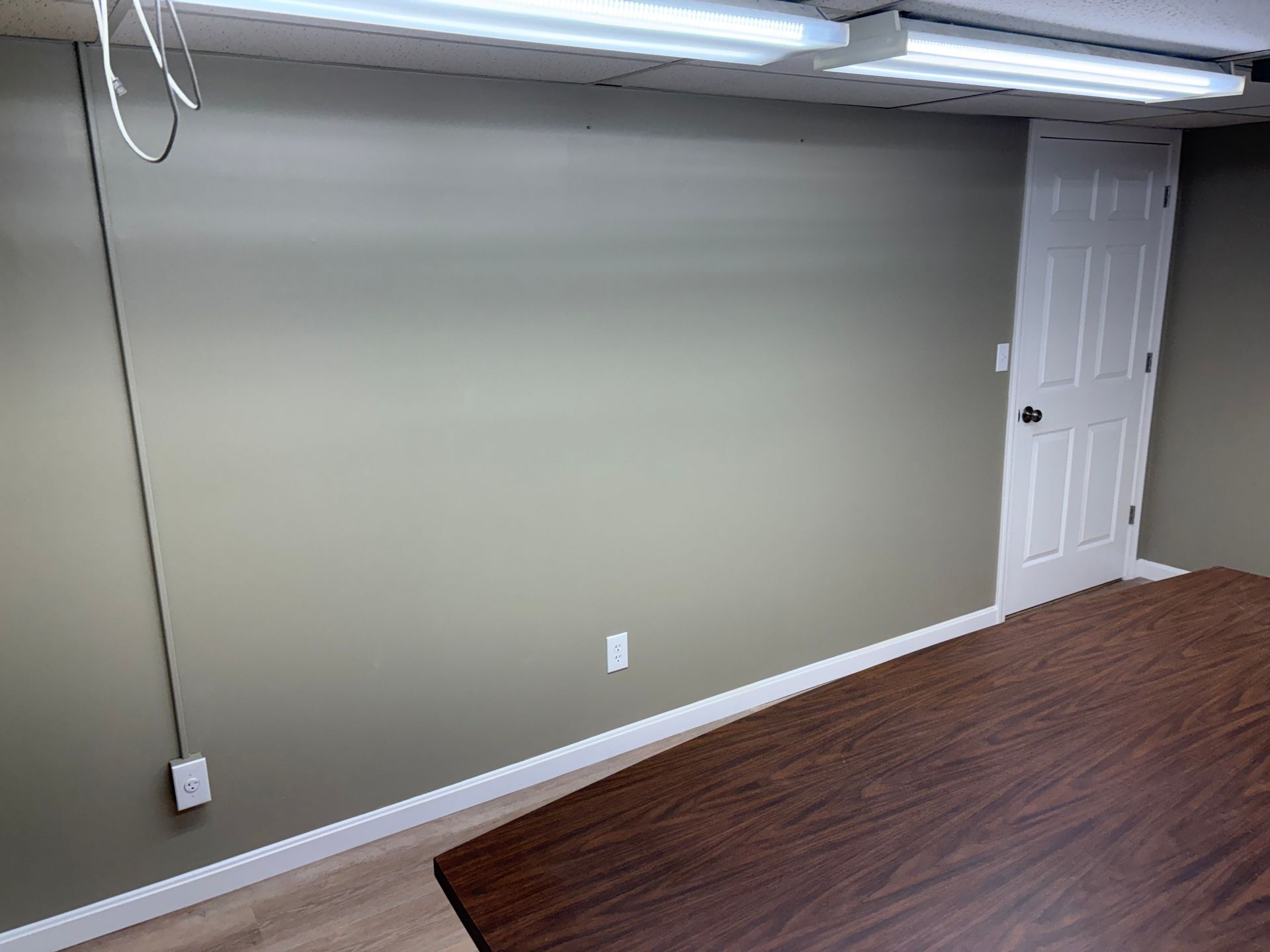 A room with an olive green wall, white door, and a brown table. Fluorescent lights are above.