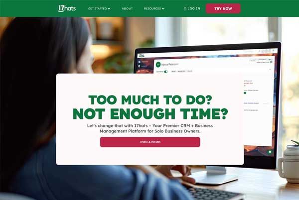 Woman working on a computer; a 17hats software interface is displayed. Text overlay reads: 