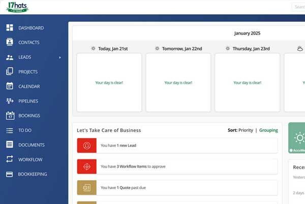 Web application dashboard for 17hats with calendar and task lists. Blue and white color scheme.