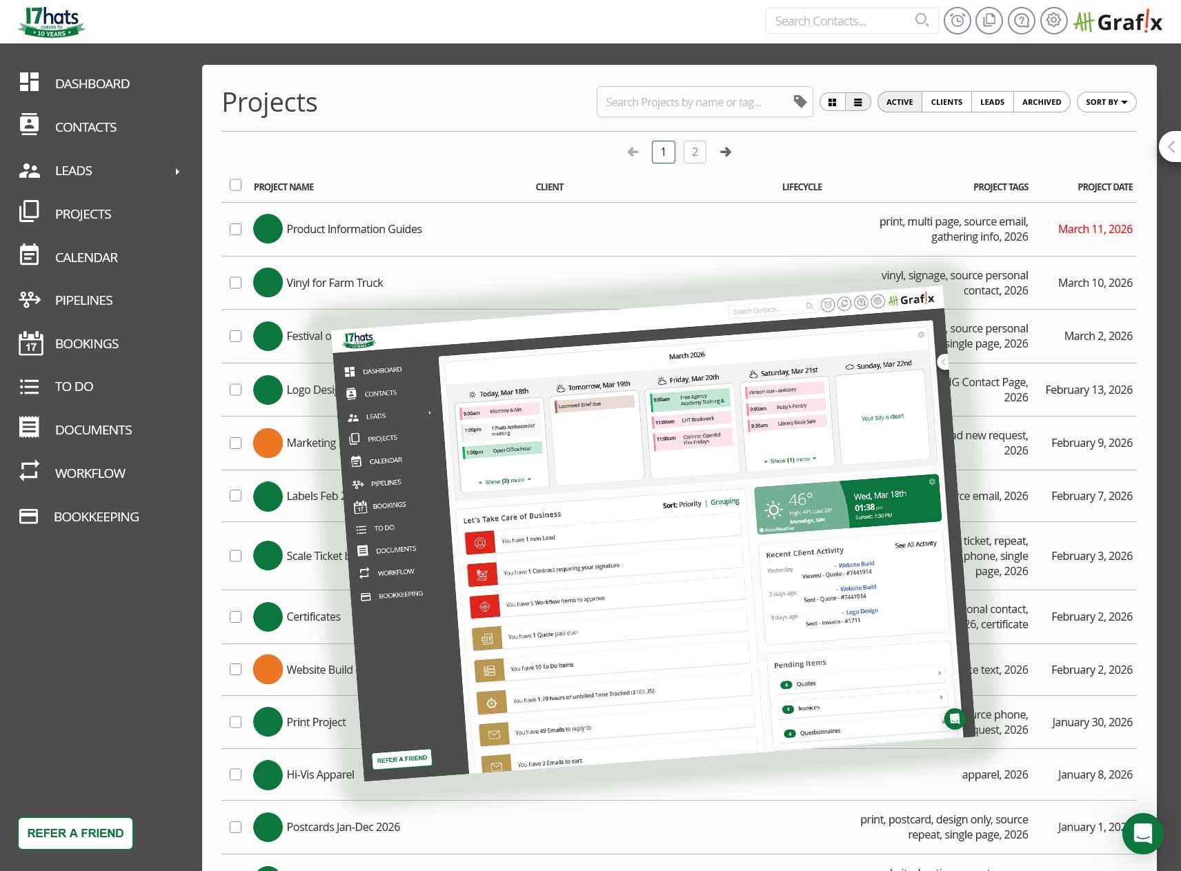 A project management dashboard displaying a list of active projects with status indicators and an overlay task board.