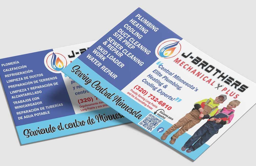 Two business cards for J-Brothers Mechanical Plus. Blue and white with a flame logo. Services listed: plumbing, heating, cooling, etc.