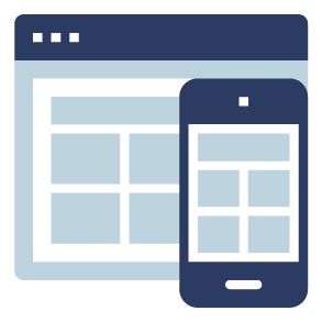 Website and mobile phone showing a website layout, light blue and dark blue.