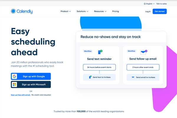 Calendly website: Easy scheduling. Sign in options, features to reduce no-shows.