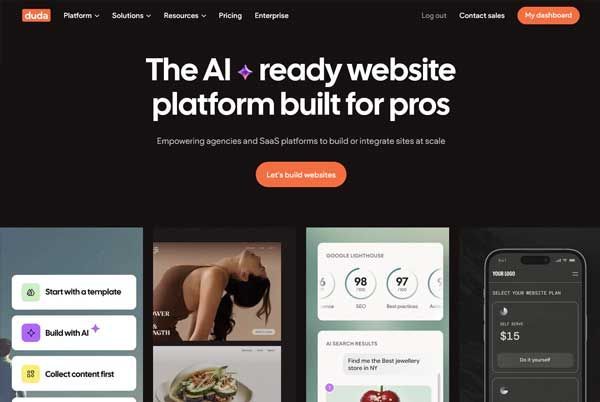 Homepage for duda website builder: black background with white text, orange call to action button, and website examples below.