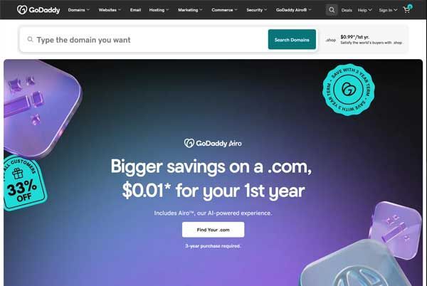GoDaddy website: advertising a .com domain for $0.01 for the first year with a 33% off promotion.