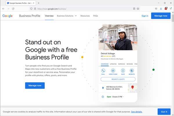 Google Business Profile landing page. Woman holding tablet, example business profile with info. 