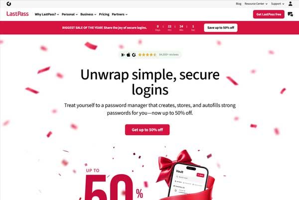 Website promoting LastPass password manager, red and white design, offers a 50% discount.