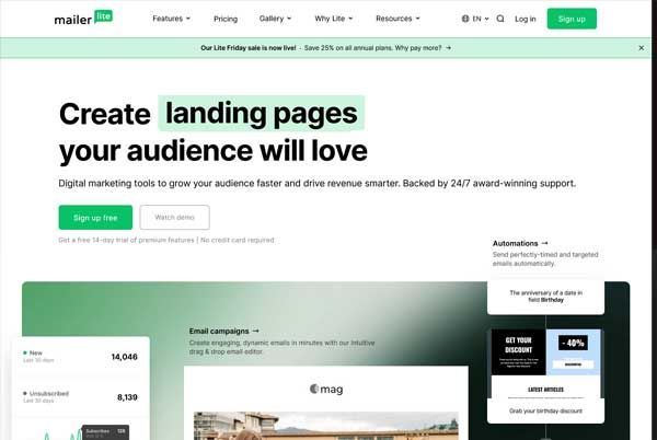 Website homepage for mailerlite, using green and white design.