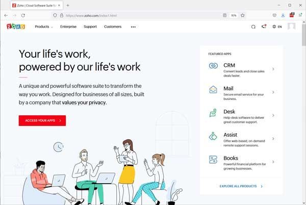 Homepage of Zoho. Colorful website with people and software icons. Red 