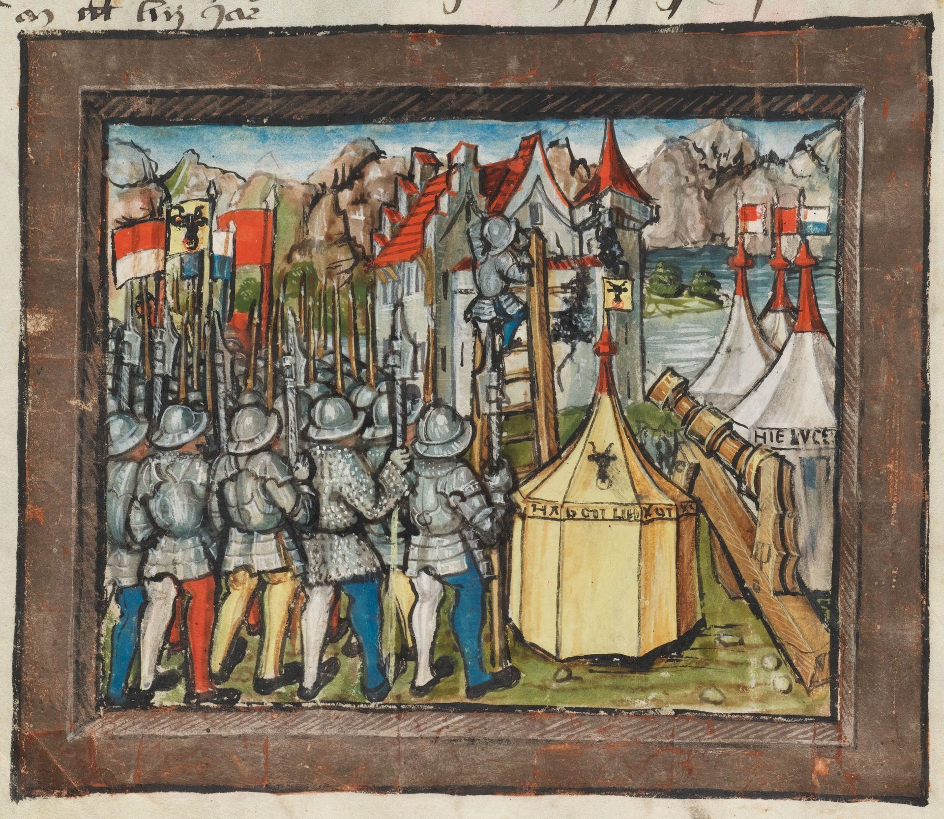Diebold Schilling Chronicle, Folio 8v, Page 26: Forest Cantons storming Neuhabsburg, 1352