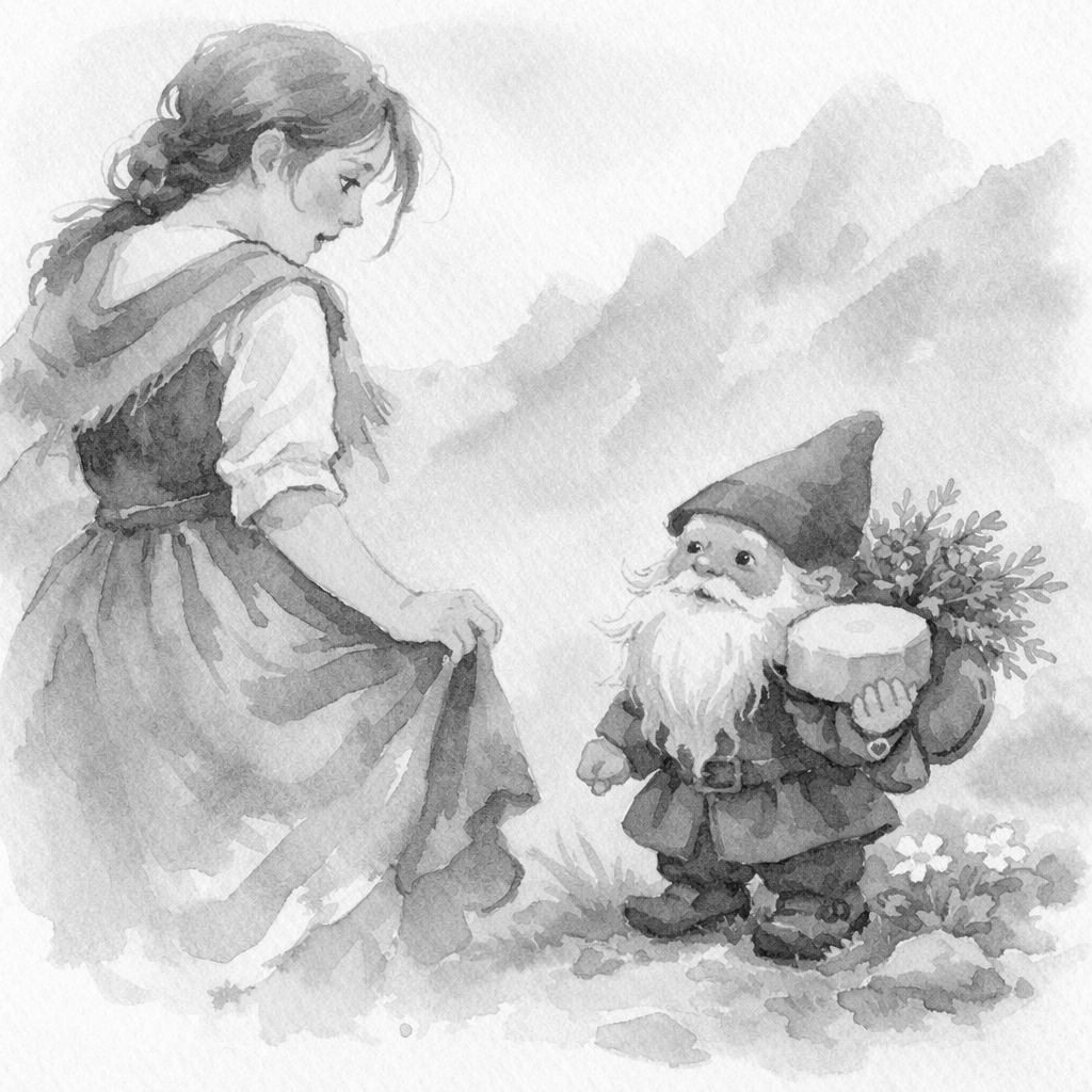 The earth man gives Magdalena a cheese and some healing herbs.