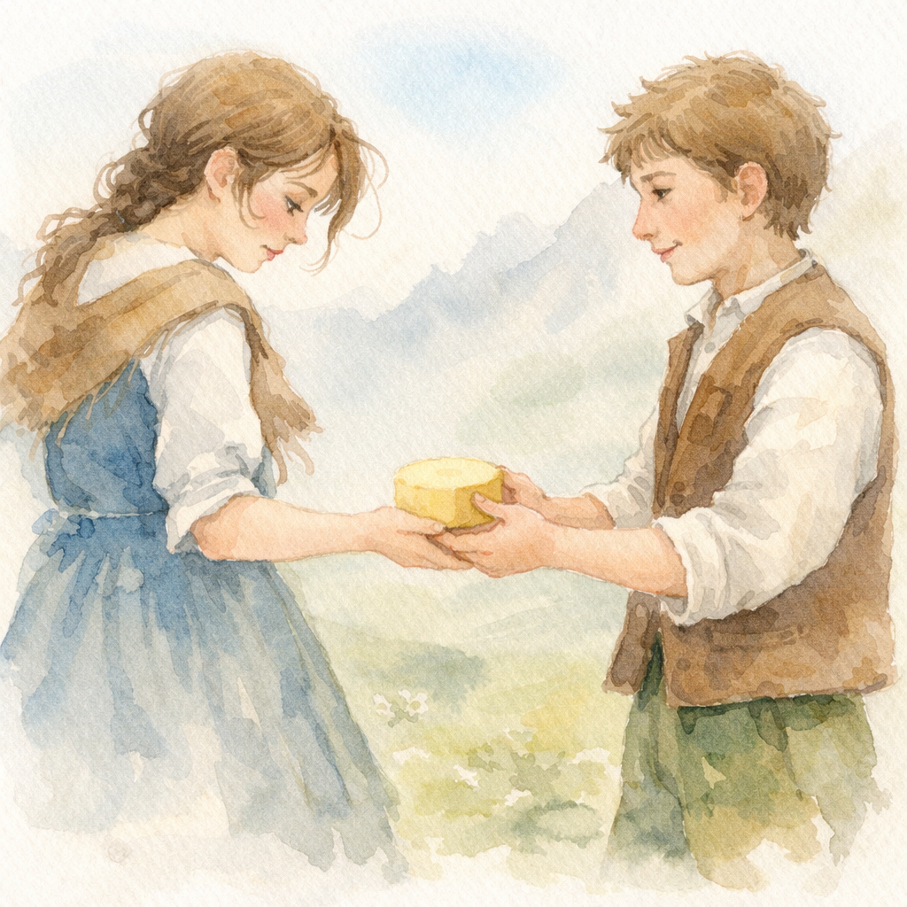 The farm boy gives Magdalena his only small cheese.