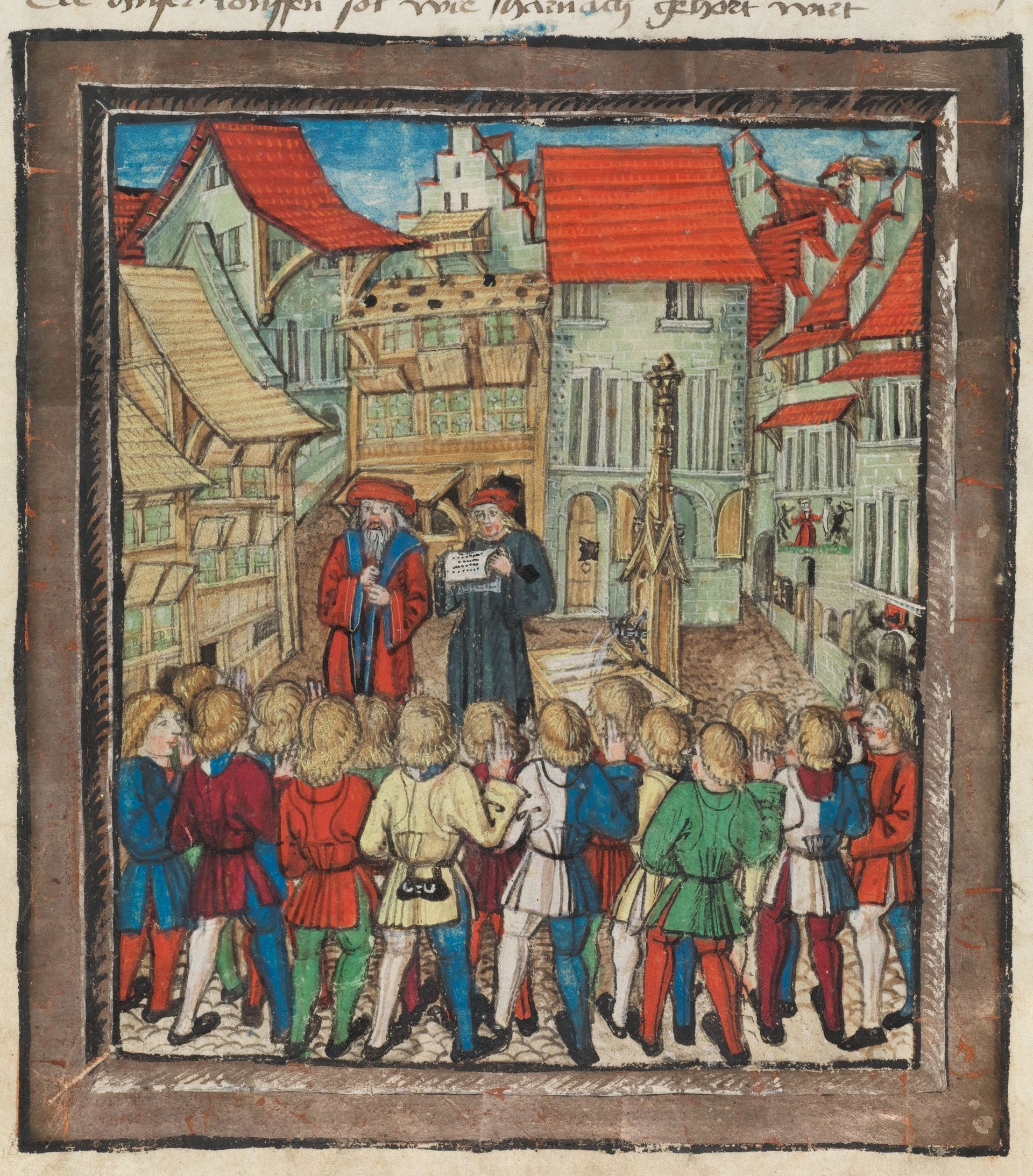Diebold Schilling Chronicle, Folio 6, Page 22: Confederate Oath of the Founding Cantons and Lucerne on Weinmarkt, 1332. Diebold Schilling Chronicle, Folio 6, Page 22: Confederate Oath of the Founding Cantons and Lucerne on Weinmarkt, 1332.
