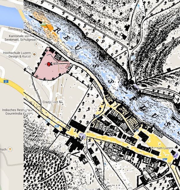 Exact location of the Sentimatt execution place, Schumacher plan overlaid on Google Maps.
Old pink=Execution place, Red=Kallenberg (Scaffold)