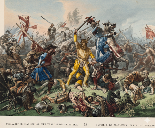 Battle of Marignano 1515, the loss of the Uri Bull, Karl Jauslin (1842-1904) around 1895, colorized.