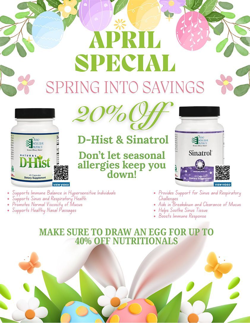 April sale flyer featuring 20% off D-Hist and Sinatrol supplements, with an offer to draw an egg for up to 40% off.