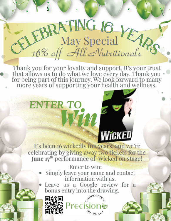 Green and white flyer celebrating 16 years with “Enter to Win” Wicked tickets and contest details