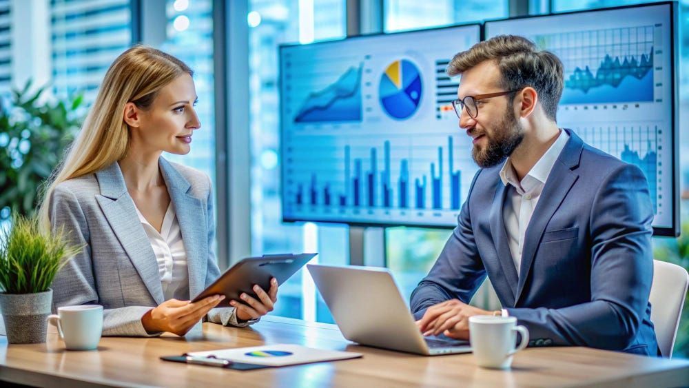 Woman and man in a meeting, reviewing data on screens, both looking at each other, in an office.