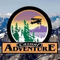 A logo for casual adventure with a plane flying over a mountain.