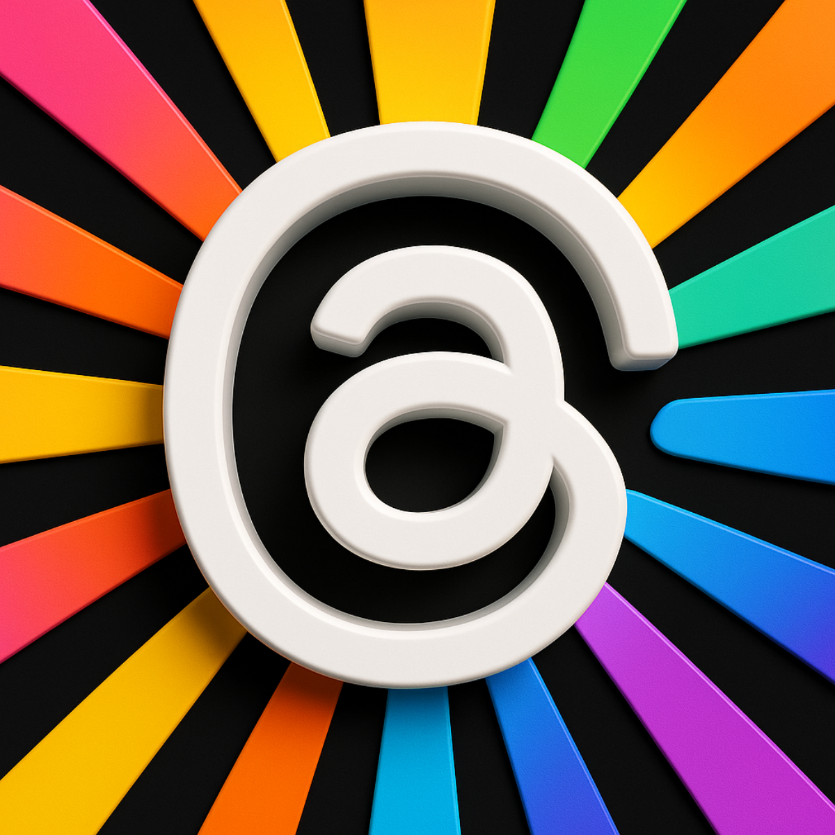 A glossy 3D Threads logo featuring a raised white “@” symbol centered over bold, multicolored radial