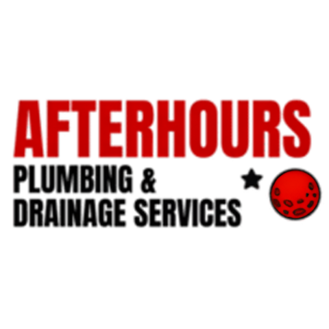 Logo for Afterhours Plumbing & Drainage Services featuring red text, a black star, and a red circular moon icon.