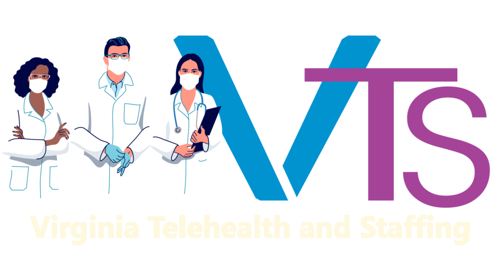Three healthcare workers wearing masks with the letters “VTS” and the words “Virginia Telehealth and Staffing”.