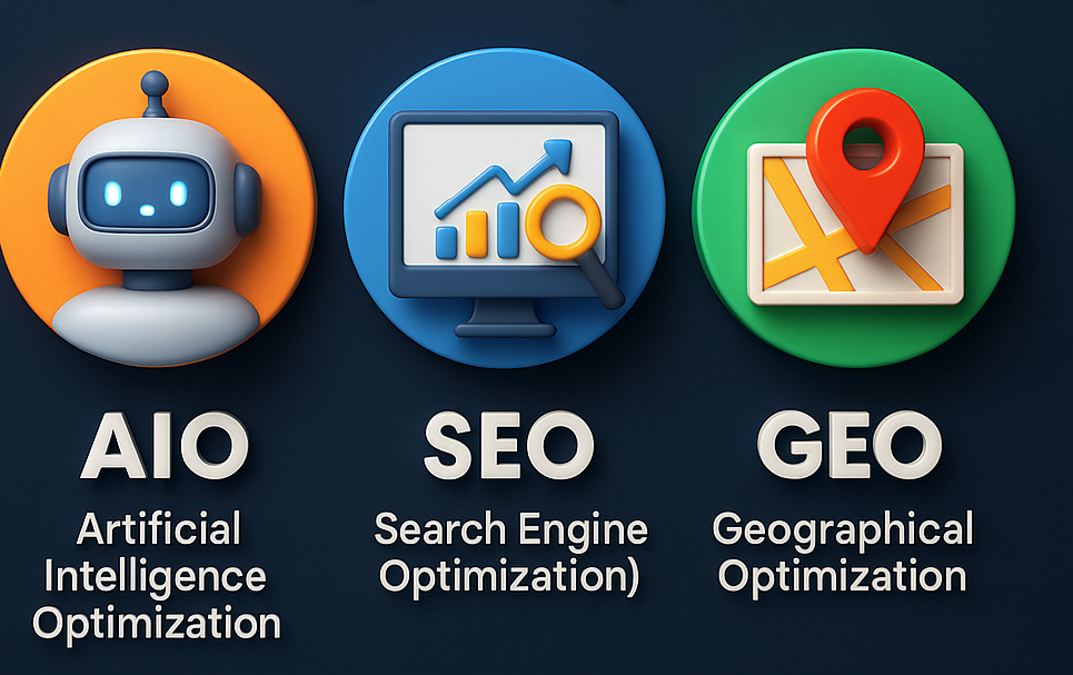 3D digital marketing concept showing AIO, SEO, and GEO integration with glowing futuristic graphics representing AI-powered organic marketing strategies for modern businesses.