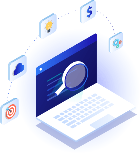 An isometric illustration of a laptop with a magnifying glass on the screen surrounded by icons.