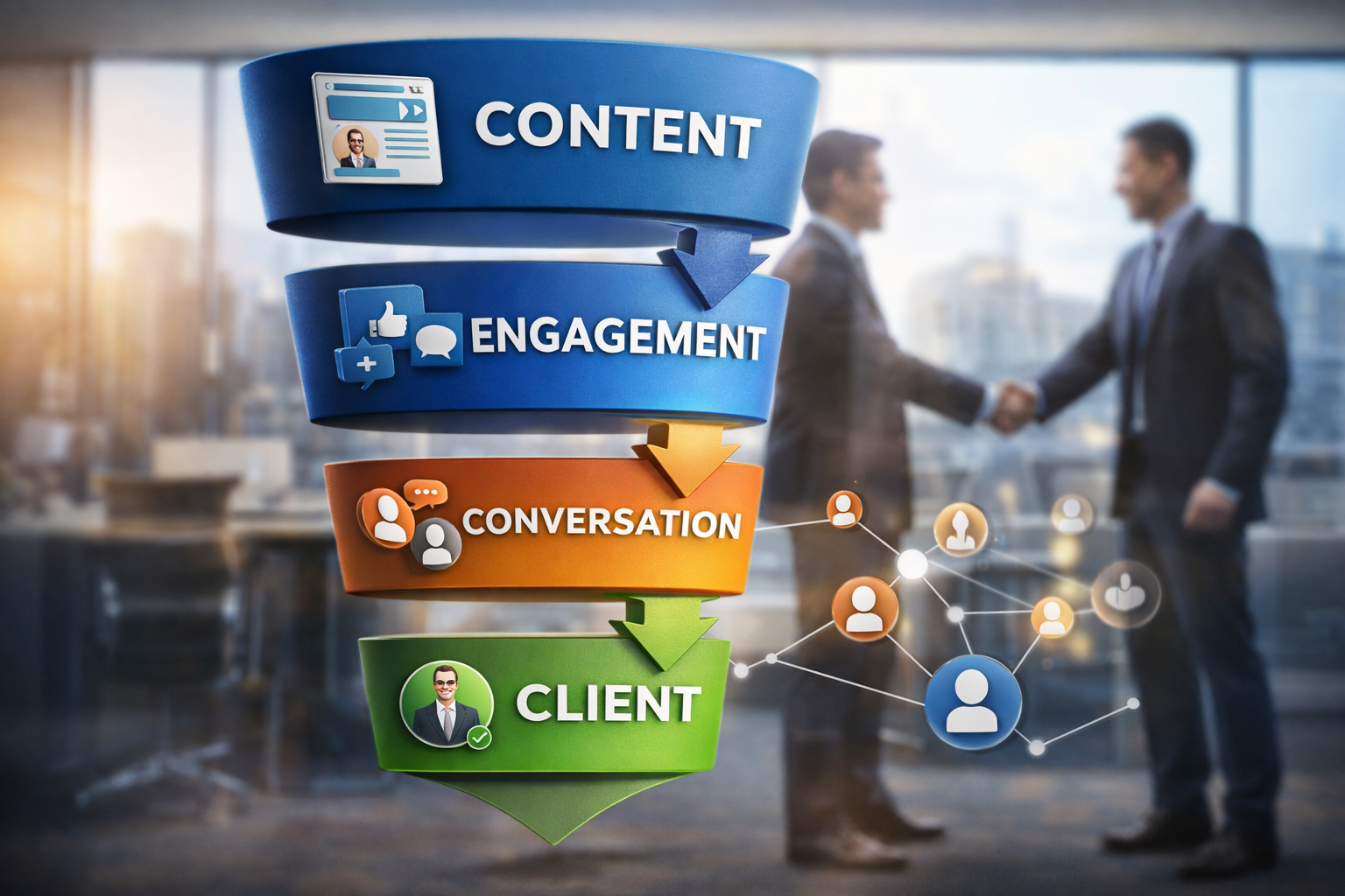 LinkedIn marketing funnel showing content, engagement, conversation, and client conversion process for business owners
