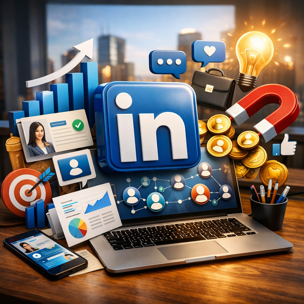 A desk with a laptop displaying a LinkedIn logo, surrounded by charts, a target, coins, a lightbulb, and business icons.