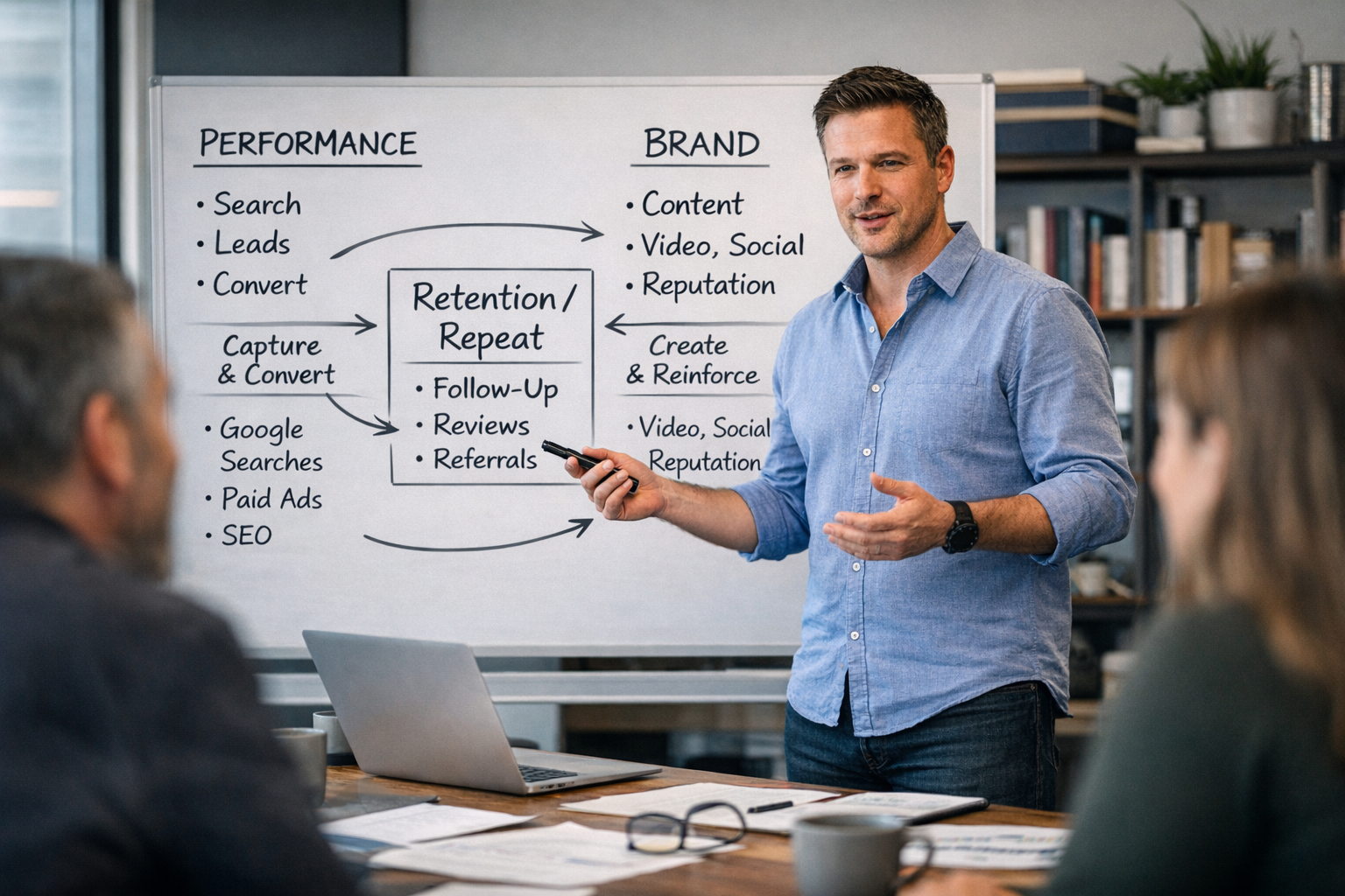Marketing consultant explaining the relationship between brand marketing and performance marketing, highlighting demand creation, conversion, and customer retention on a whiteboard