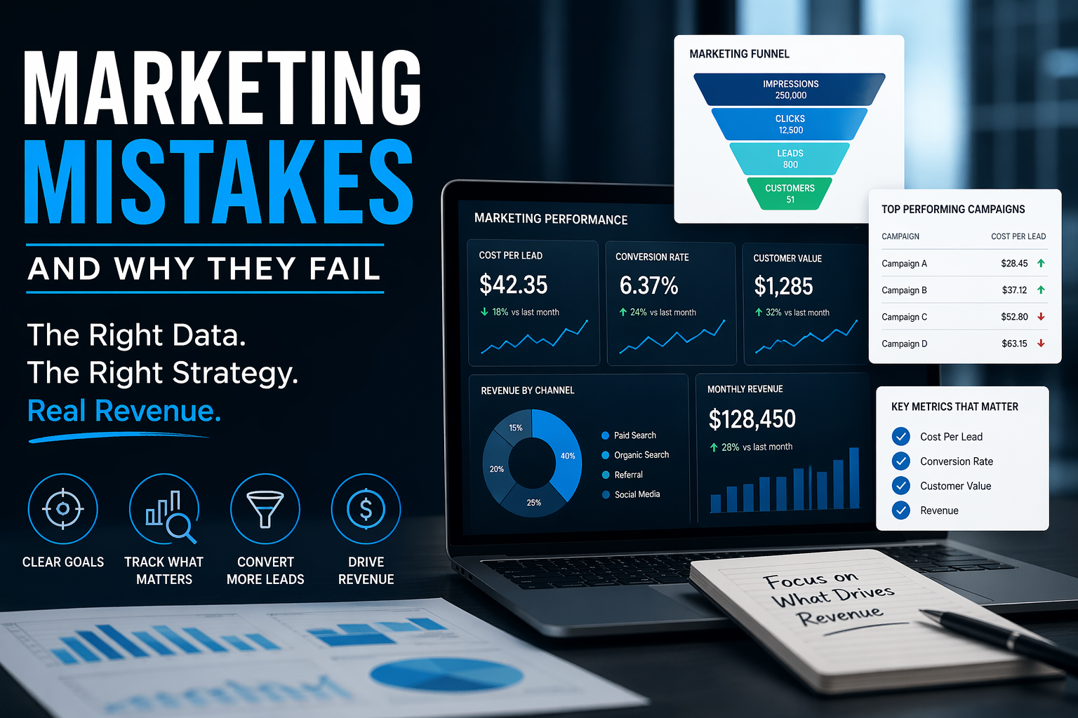 Marketing analytics dashboard showing revenue metrics