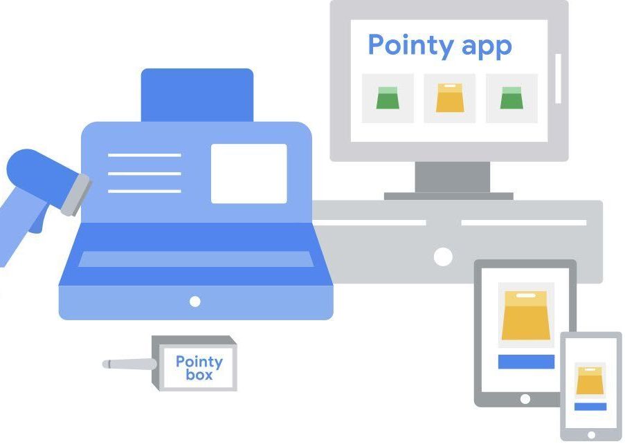 Graphic illustration showing how Pointy works with computer, phone app, and Pointy box
