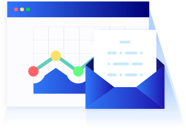 A web browser displaying a line graph and an open blue envelope with a document.