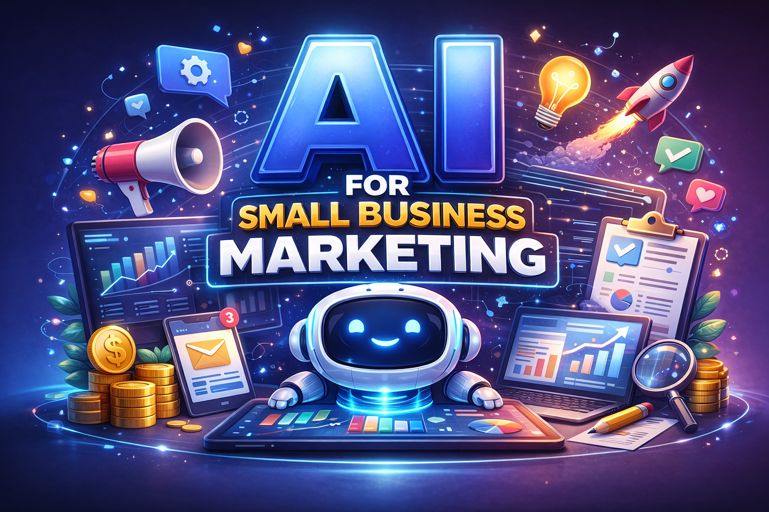 AI for small business marketing concept with a robot, data, and marketing icons.
