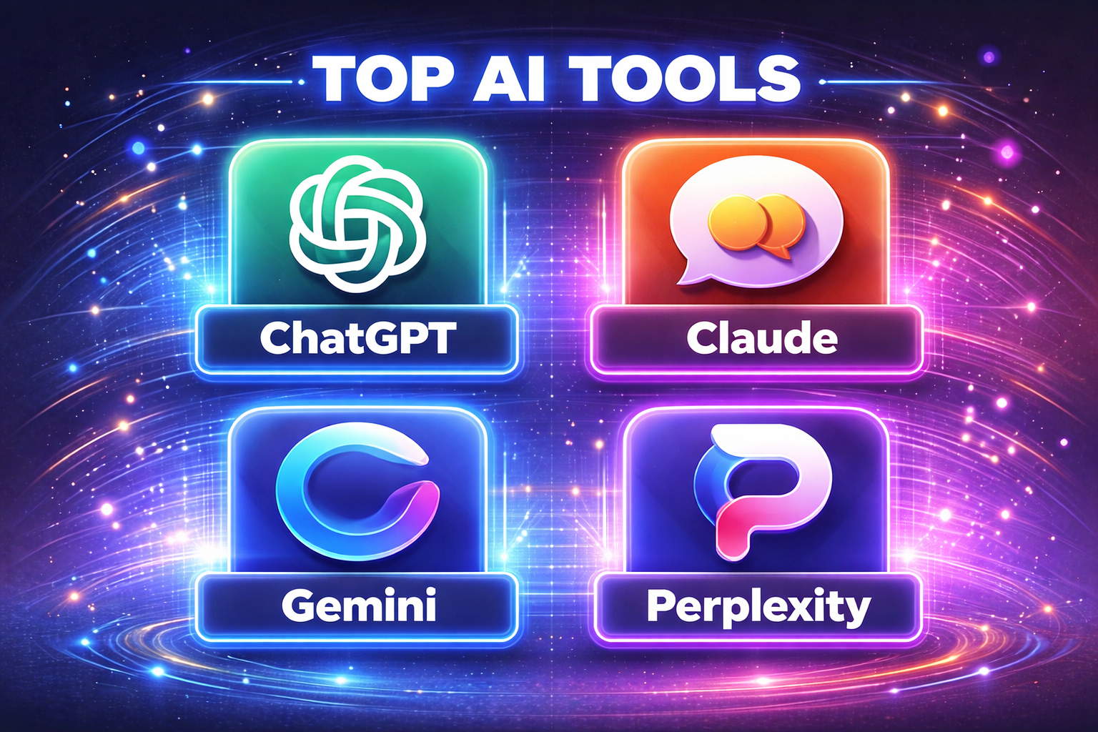 Graphic showing the logos of ChatGPT, Claude, Gemini, and Perplexity as popular AI tools for small business marketing.