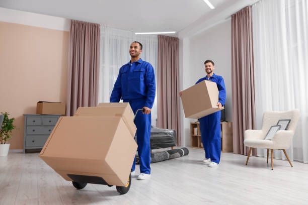 Professional movers in blue uniforms carry boxes into modern home during residential move-in.